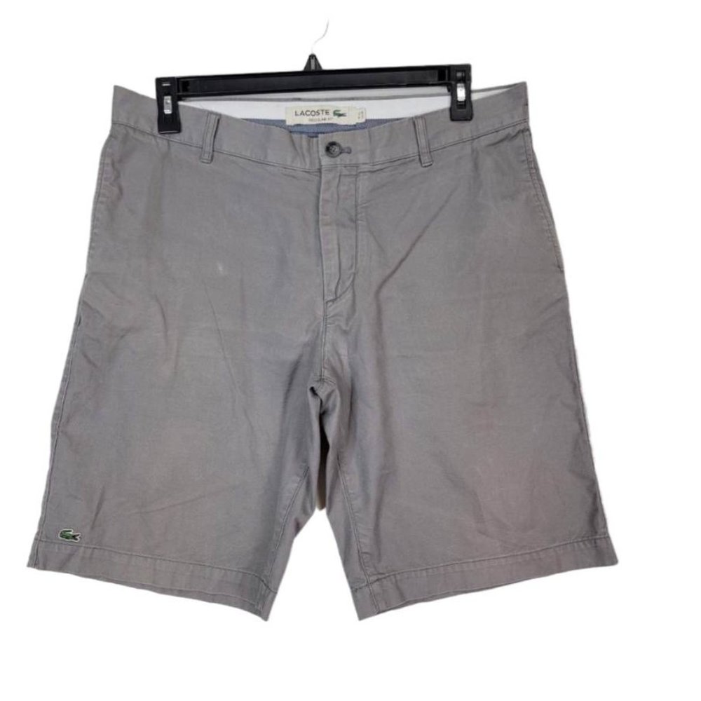 Lacoste Men's Gray Casual Outdoor Flat Front Denim Shorts Logo Front Size 34